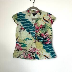 Citron Santa Monica Silk Cap-Sleeve Cherry Blossom Koi Fish Blouse Art Deco